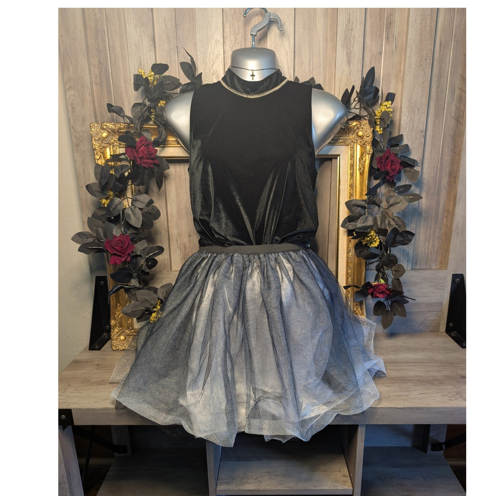 Black Velvet & Tulle Fit & Flare Dress Goth Balletcore Party Dress Womens Large